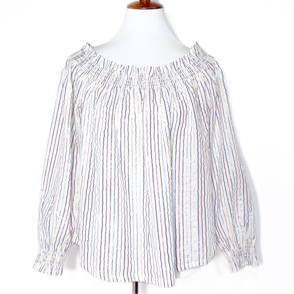 Boden Metallic Colorful Stripe Off The Shoulder Smocked 3/4 Sleeve Peasant Top S - Picture 2 of 13